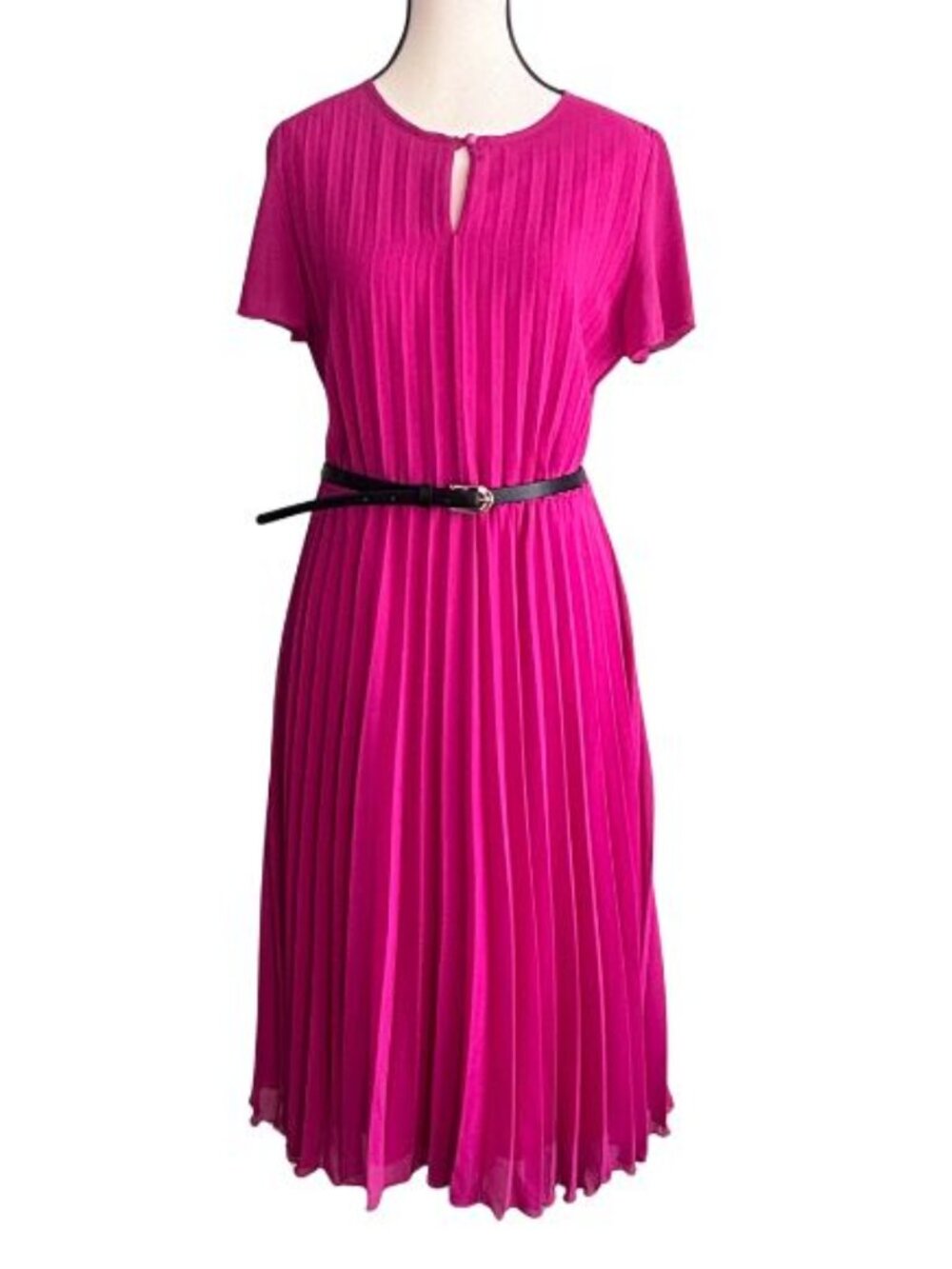 BRIGHT PINK BEAUTIFUL BELTED PLEATED DRESS, SZ. S